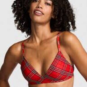 PINK Logo Cotton Triangle Bralette‎ Bra Red Plaid SZXL NWT